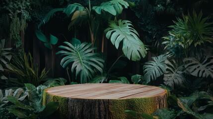 empty wooden podium in jungle for organic products