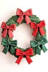Christmas wreath adorned with red and green bows, white isolated background.