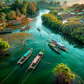 Aerial view of traditional fishing boats in Bojo River, Aloguinsan, Philippines.
