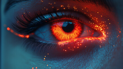 Close-up of digital eye with fiery orange glow