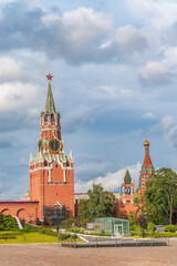 Spasskaya Tower viewed inside Kremlin, Moscow, Russia.