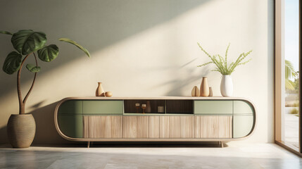 Mock up beige color wall in living room decor with a tv cabinet