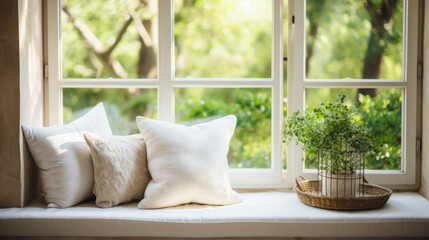 A window seat covered in throw pillows