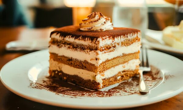 Indulge in a slice of this rich tiramisu, featuring layers of coffee soaked cake and creamy mascarpone, topped with a dusting of cocoa for the perfect sweet treat.