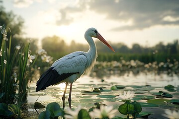 Fototapeta premium Painted Stork, Mycteria leucocephala, yellow bills pose in the far green background, bird in Thailand 