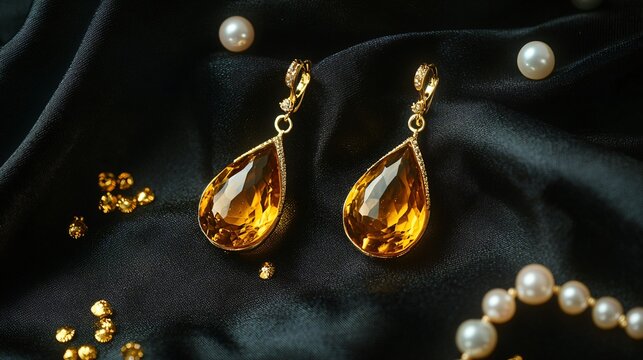 Amberstone and gold drop earrings, isolated on a black silk background, with scattered gold flakes and pearls
