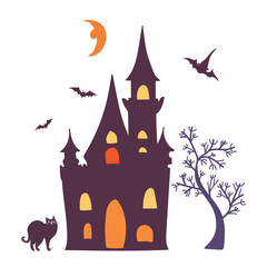 Halloween castle, bats, tree, and funny cat. 