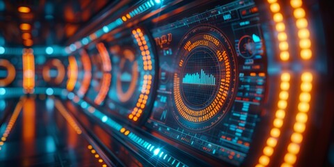 Futuristic dashboard with glowing circular data displays and digital graphs, symbolizing advanced technology, analytics