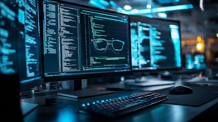 Computer screens with programming code and technical design