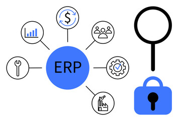 Diagram includes ERP at the center with icons representing finance, team management, settings, analytics, and industrial processes. Includes a magnifying glass and padlock. Ideal for business