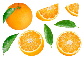 Collection of oranges and leaves on isolated white background. Slices and whole oranges.