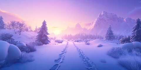 Snow covered road in mountainous countryside after heavy snowfall, sunny morning with narrow footprints in deep snow, winter scenery