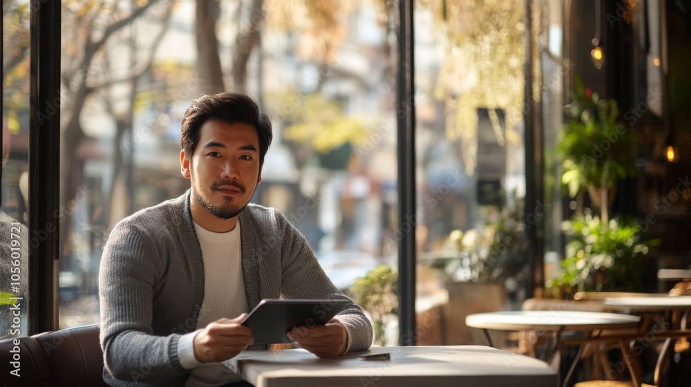Aufkleber a young man sits at a table in a cafe, focused on his tablet. sunlight filters through the large win
