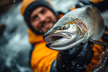 Happy fisherman with fishing rod holding in hand a large salmon.