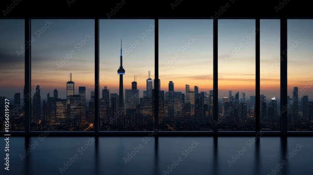 Poster stunning urban skyline at dusk with modern architecture framed by panoramic windows