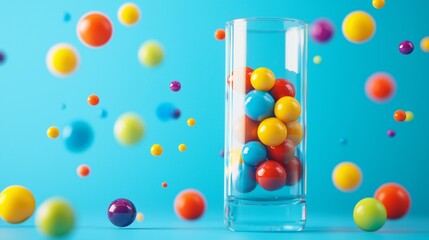 Colorful balls floating in a glass on a vibrant blue background