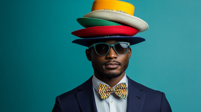 Stylish Man Wearing Multiple Hats and Sunglasses on Teal Background