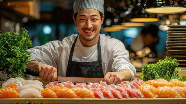 Chef preparing colorful sushi at a vibrant restaurant counter in the evening