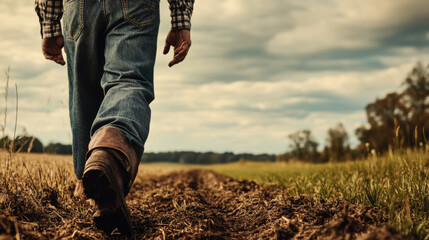 A farmer walks through a lush green field at dusk, tending to crops in the countryside