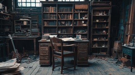 Vintage study room with wooden furniture and shelves of books