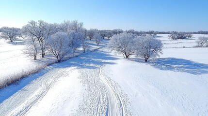 A snow-covered field with a line of trees and a path through the snow.