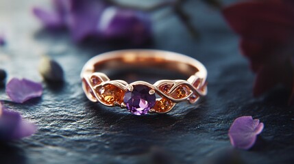 Amberstone ring with dual stones in rose gold, isolated on a charcoal background, with amethyst crystals and flower petals