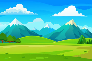 cartoon landscape of green spring fields with mountains in the background