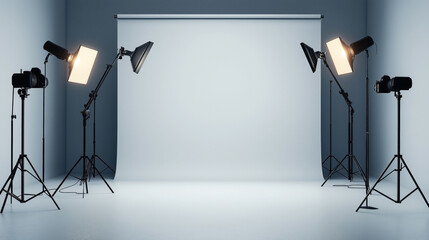 Professional photography studio setup with lighting equipment and a plain background ready for a photo shoot.