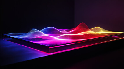 Colorful wave patterns illuminated in a dark space create a mesmerizing visual display of light and form