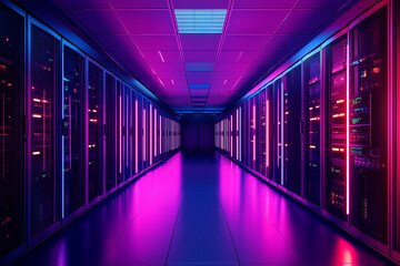 Fototapeta premium A high-speed 5G data center with advanced cooling systems.A wide hallway within a data center illuminated by purple and blue lights