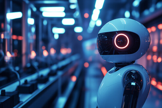 A smart factory with 5G-enabled robotics and automation systems.A robot is currently standing on a moving conveyor belt in a factory setting