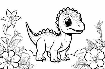Naklejka premium Cute baby dinosaur coloring page template. Cute tyrannosaur on abstract floral background