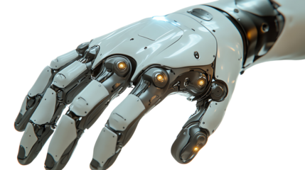 A close-up view of a futuristic robotic hand showcasing advanced technology and intricate design.