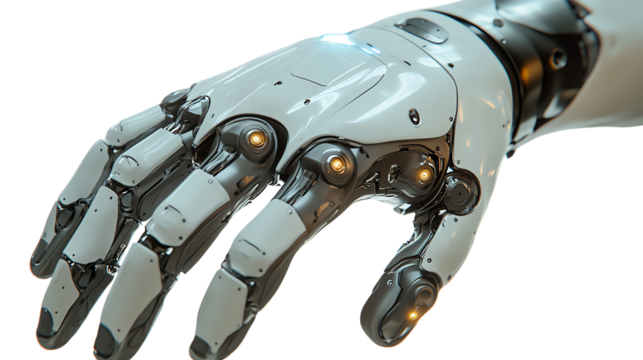 A close-up view of a futuristic robotic hand showcasing advanced technology and intricate design. - Powered by Adobe