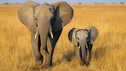 Fototapeta premium A mother and baby elephant, both members of an endangered species, walking through the savannah.