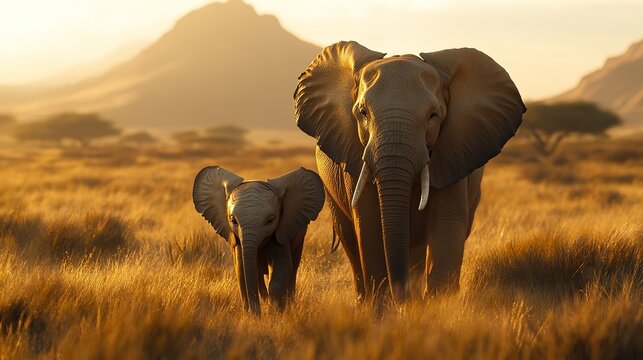 A mother and baby elephant, both members of an endangered species, walking through the savannah.
