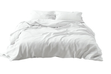 A cozy, inviting white bed with rumpled bedding, perfect for a serene bedroom atmosphere.