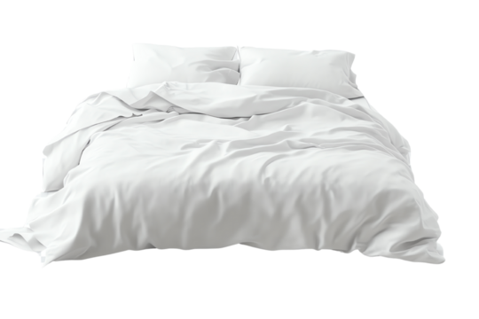 A cozy, inviting white bed with rumpled bedding, perfect for a serene bedroom atmosphere.