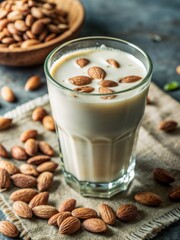 Fototapeta premium Cold almond milkshake in glass, creamy consistency, garnished with almonds, rustic background