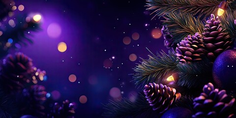 Fototapeta premium Festive Christmas background featuring lush fir branches adorned with pine cones, perfect for holiday greetings and decorations