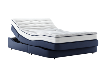 A modern adjustable bed showcasing its sleek design and comfort features against a white isolated background.