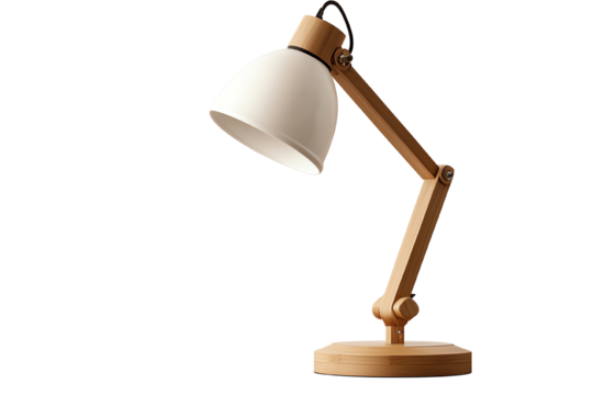 A modern desk lamp with a wooden base and adjustable arm, perfect for home or office lighting.