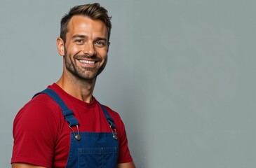 Obraz premium Repairman smiling man in blue jumpsuit and red t-shirt looking at camera standing left on light gray background, space for text. High quality photo