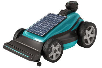 A modern solar-powered robotic lawn mower with sleek design and efficient features, ideal for eco-friendly gardening.