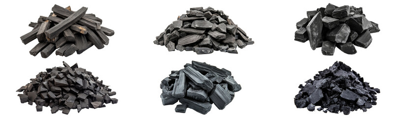 Various Pile of burned wooden Charcoal with different arrangement isolated on background, wood burning for fireplace.