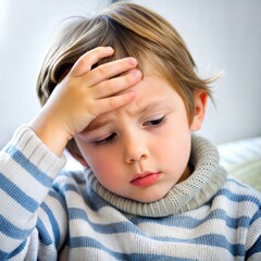 Little Boy with Headache Holding His Head