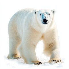 Fototapeta premium Polar bear standing on snow, white isolate background.