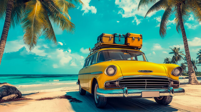 Fototapeta Vintage car with luggage on the roof at a tropical beach, under a blue sky, Travel concept