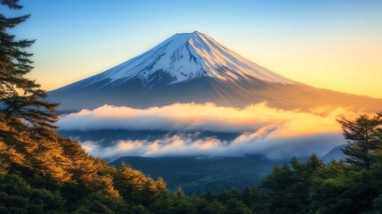 Mount Fuji at sunrise with clouds and forest