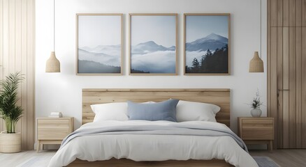 Modern farmhouse bedroom interior design. and three poster frames above the bed, each wooden frame featuring an abstract design of nature. Two Bedside Cabinet Ideas Against White Walls.